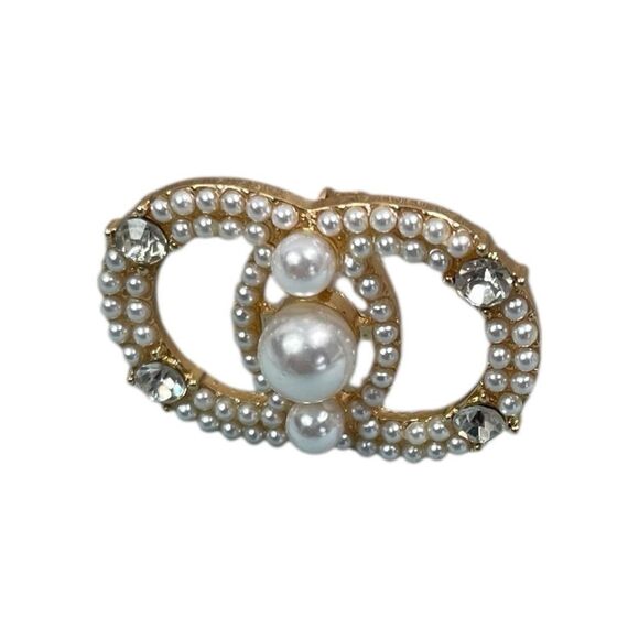 NEW Faux Pearl & Crystal Gold Plated CC Double Circle Brooch - Picture 2 of 6